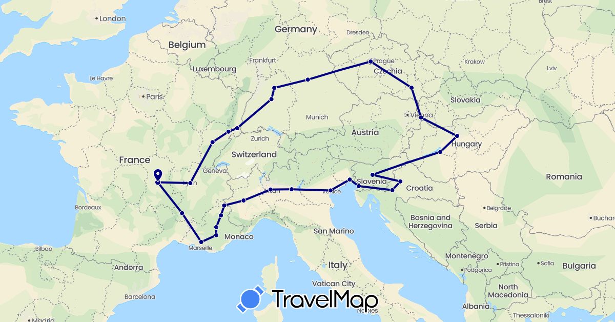 TravelMap itinerary: driving in Czech Republic, Germany, France, Croatia, Hungary, Italy, Slovenia, Slovakia (Europe)